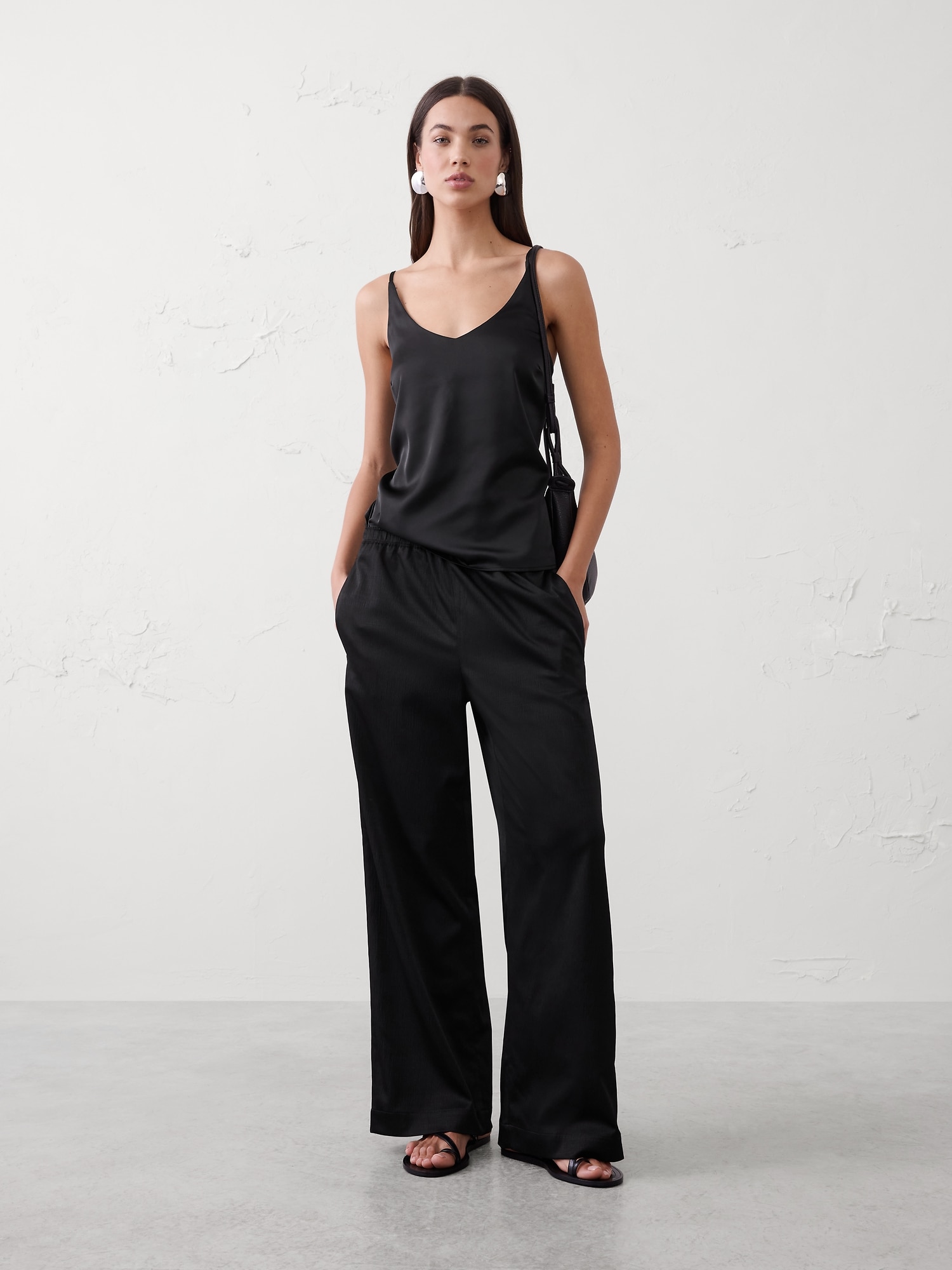 High-Rise Wide-Leg Crinkle Satin Pull-On Pant