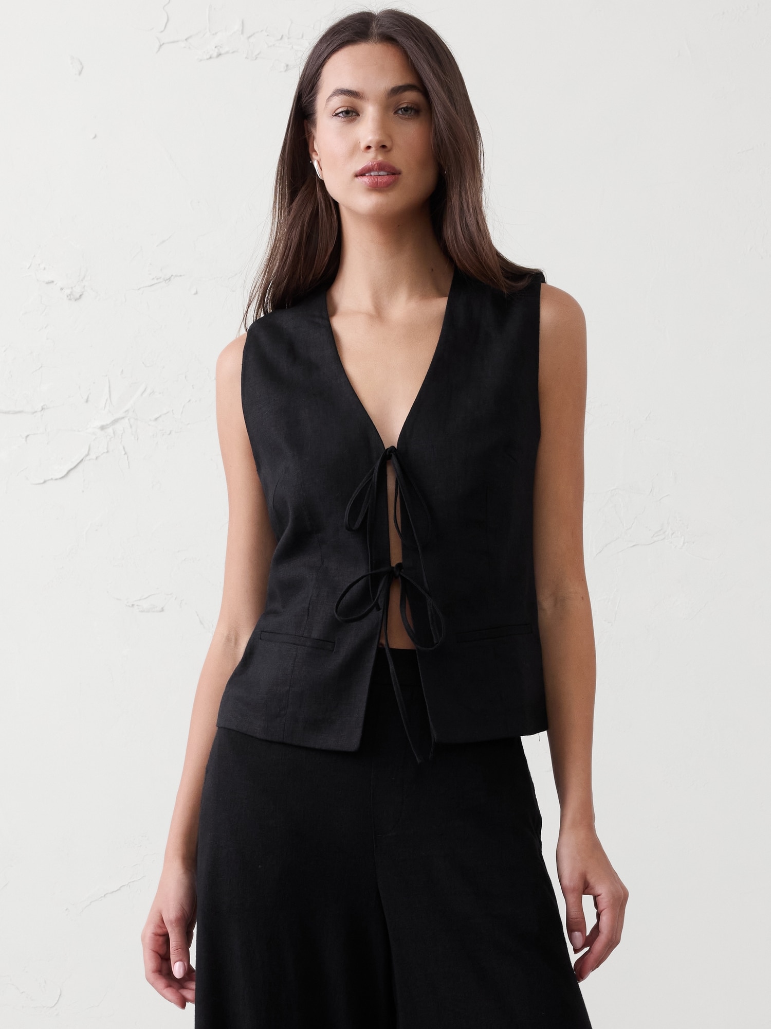 Linen-Blend Tie-Front Vest