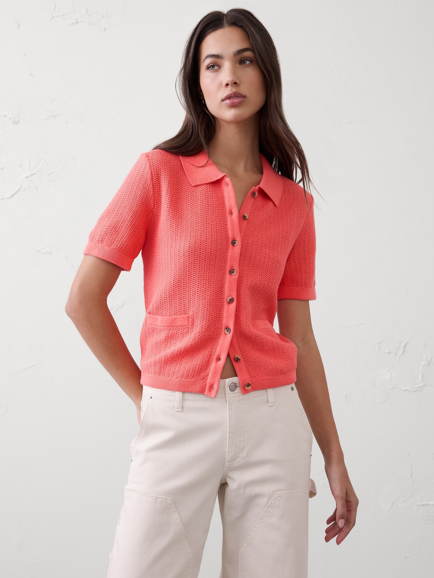 Textured Button-Down Polo Sweater