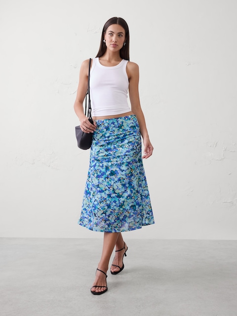 Mesh Shirred-Waist Midi Skirt