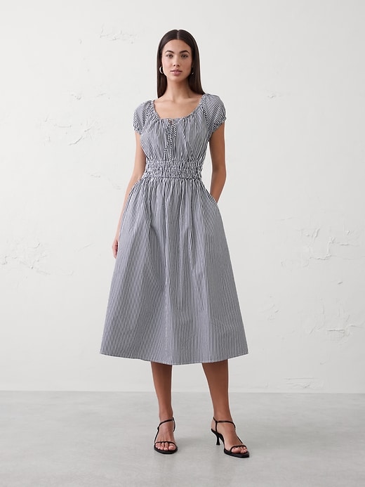Poplin Gathered-Neck Midi Dress