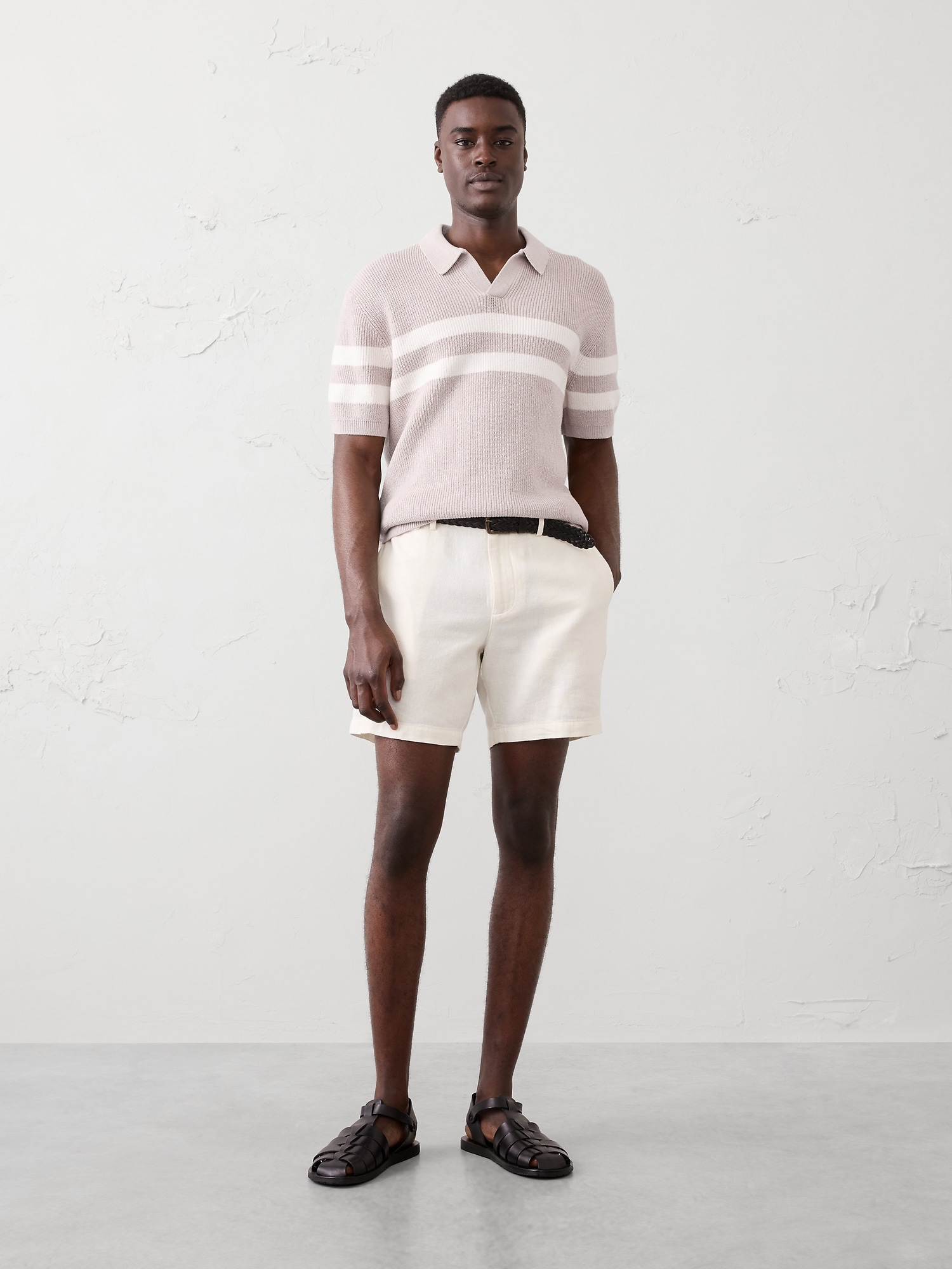 Striped Johnny-Collar Polo Sweater