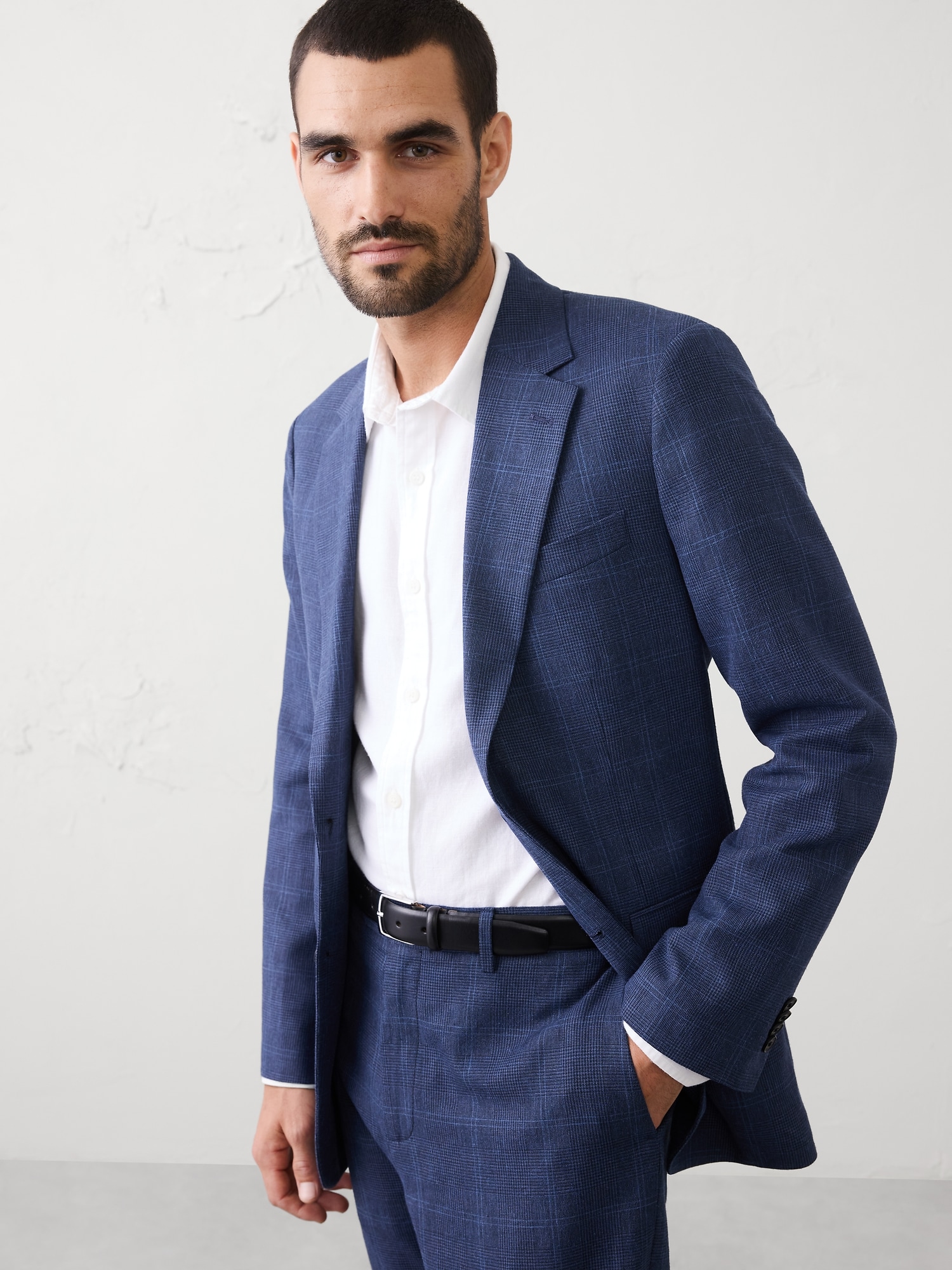 Tailored-Fit Linen-Blend Glen Plaid Suit Jacket