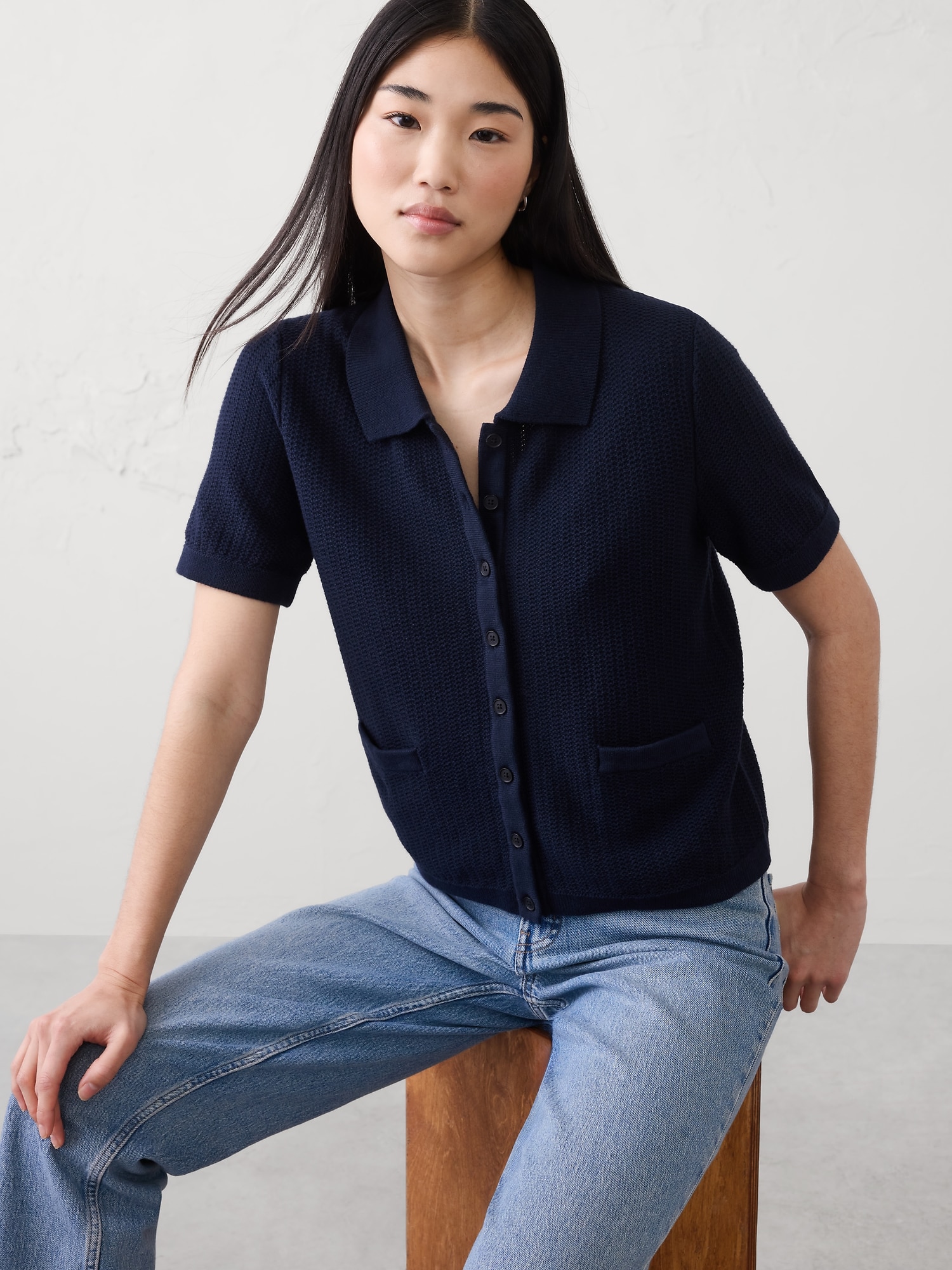 Textured Button-Down Polo Sweater