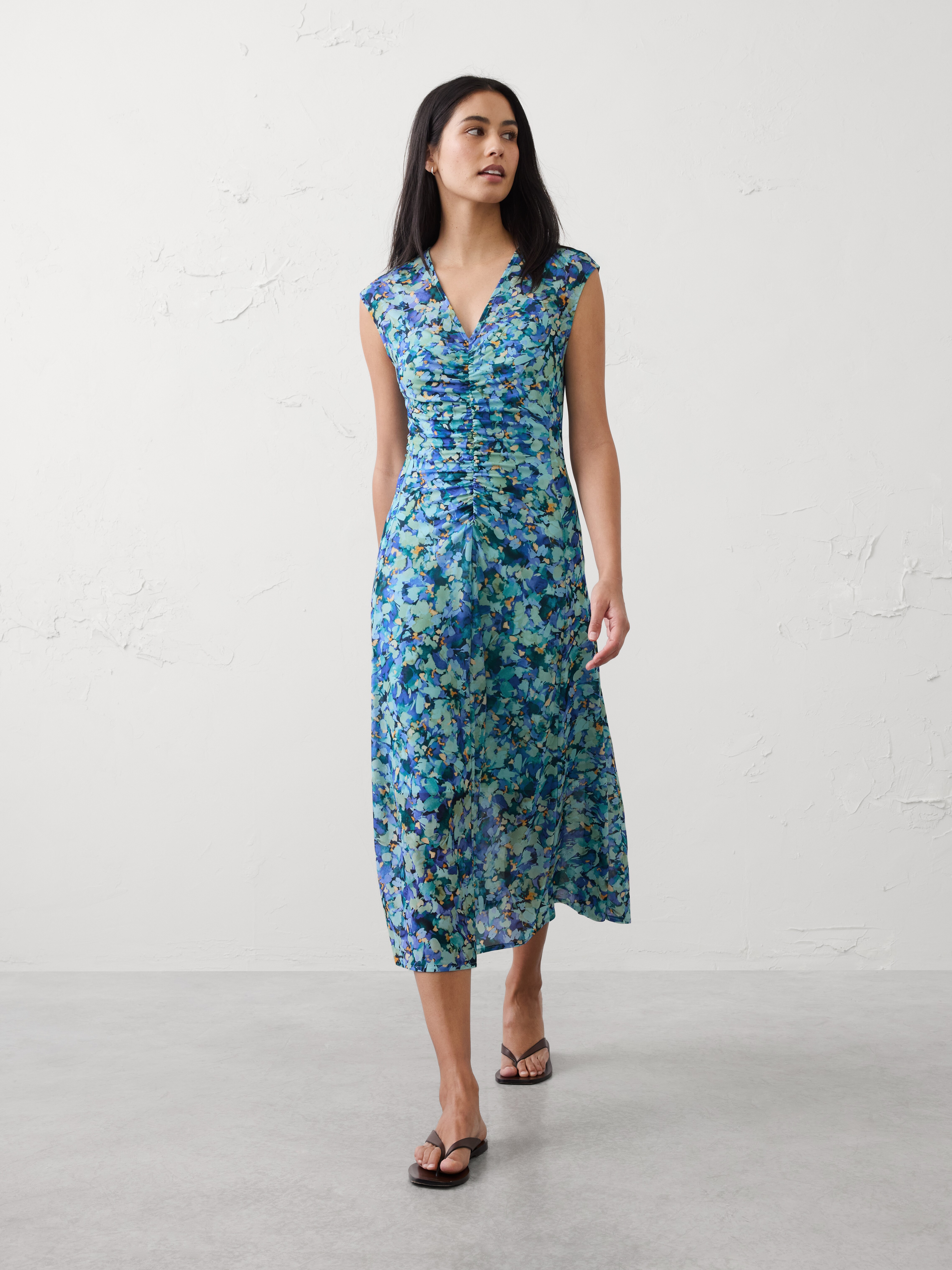 Mesh Shirred-Waist Long Midi Dress