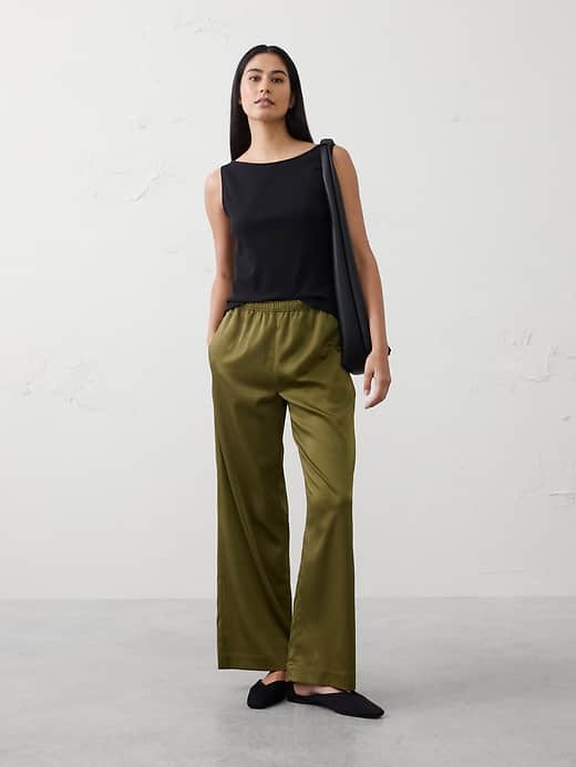 Wide-Leg High-Rise Crinkle Satin Pull-On Pant
