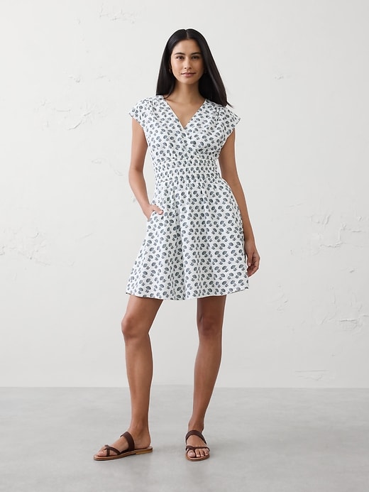 Linen-Blend Smocked-Waist Mini Dress