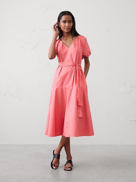 Poplin Gathered-Shoulder Midi Dress