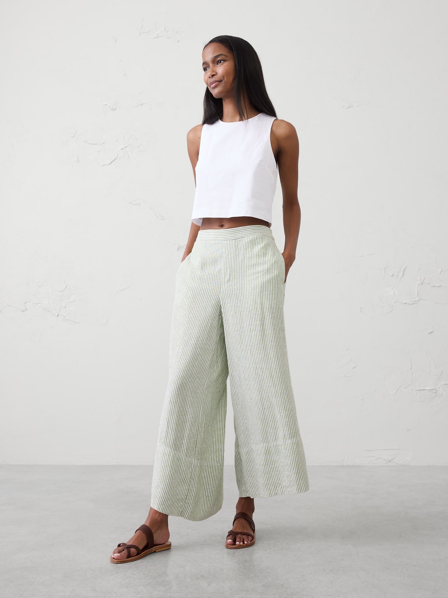 Wide-Leg High-Rise Linen-Blend Cropped Pull-On Pant