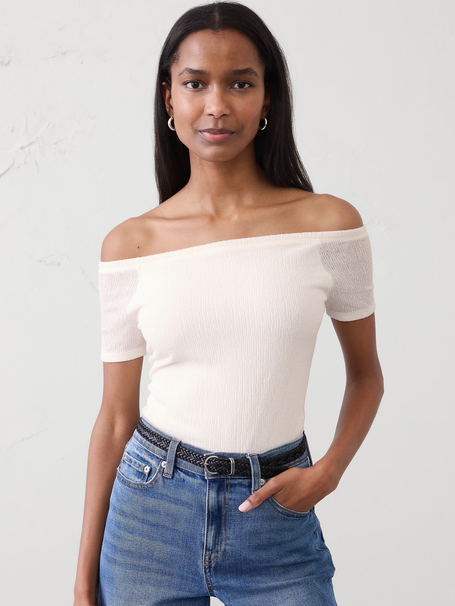Off-Shoulder Jacquard Crinkle Top