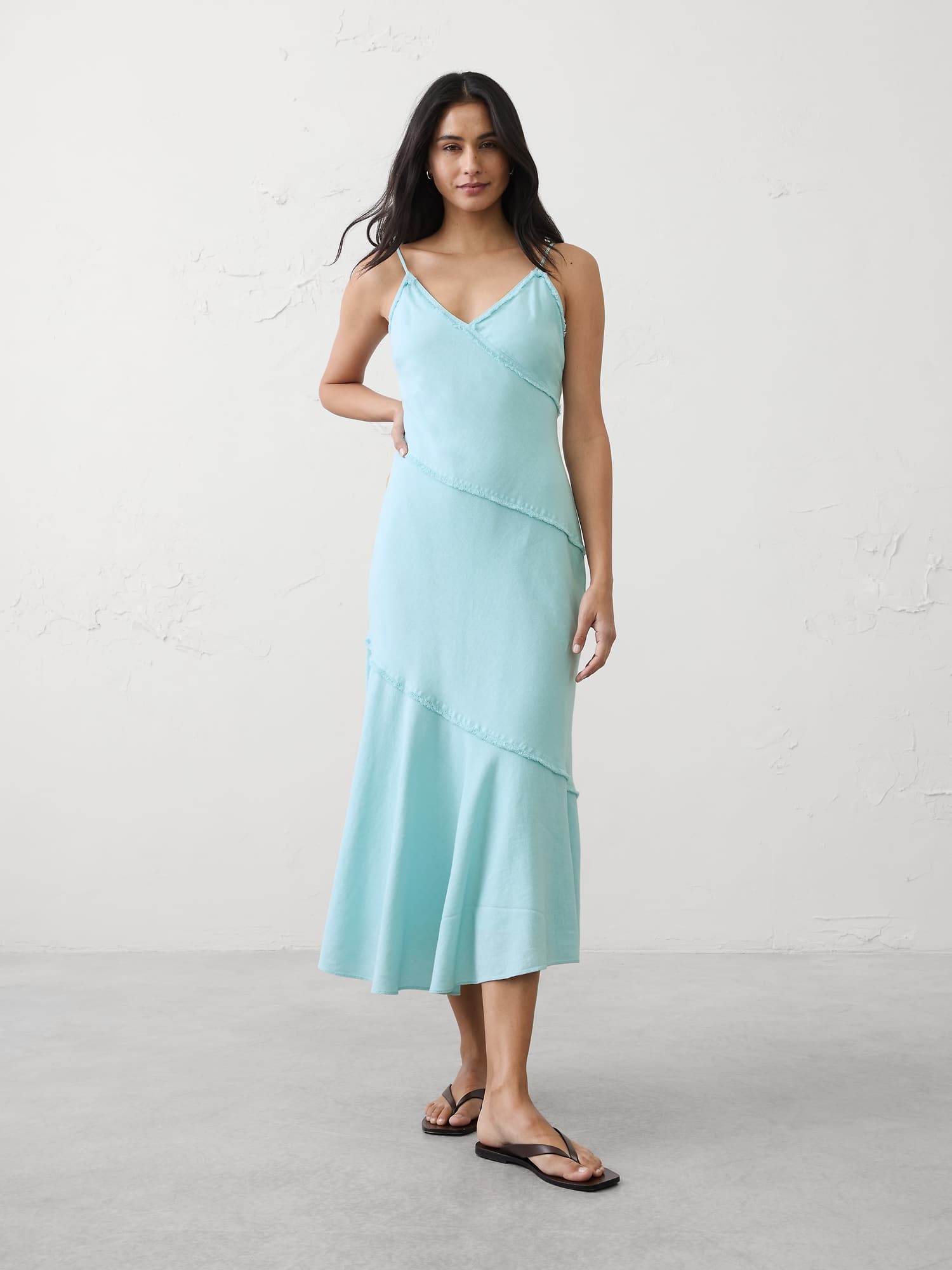 Linen-Blend Fray-Edges Midi Dress