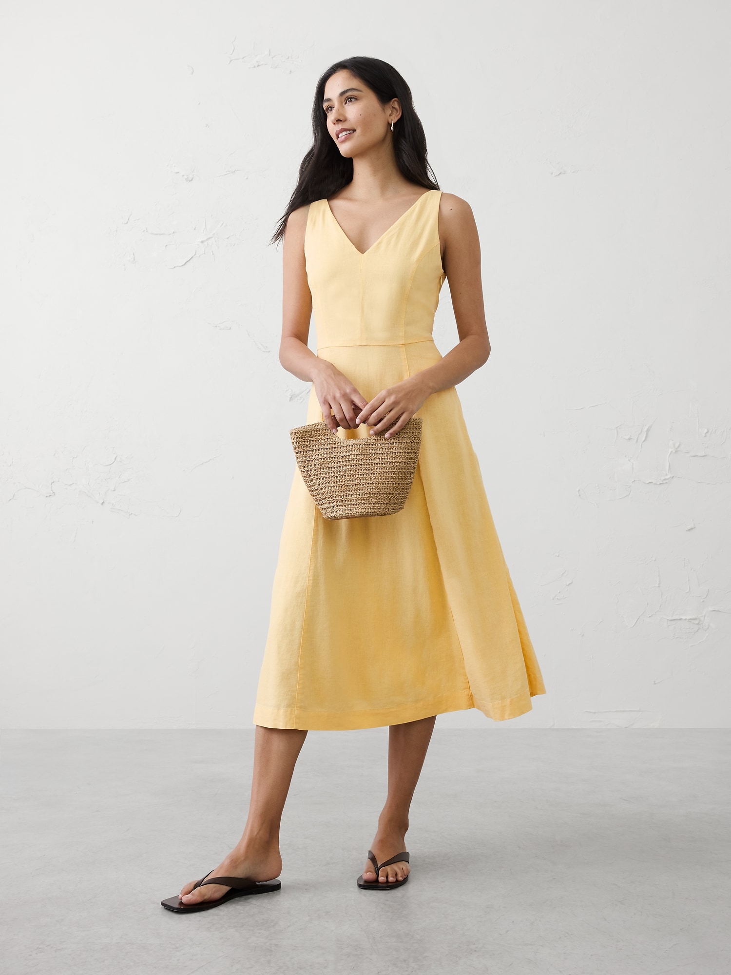 Linen-Blend Drapey Midi Dress
