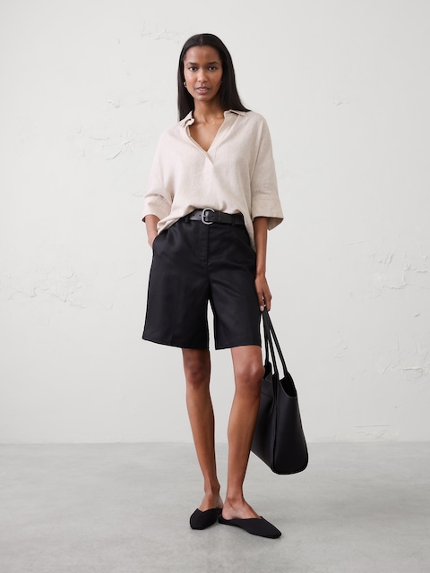 Linen-Blend Drapey Popover Shirt