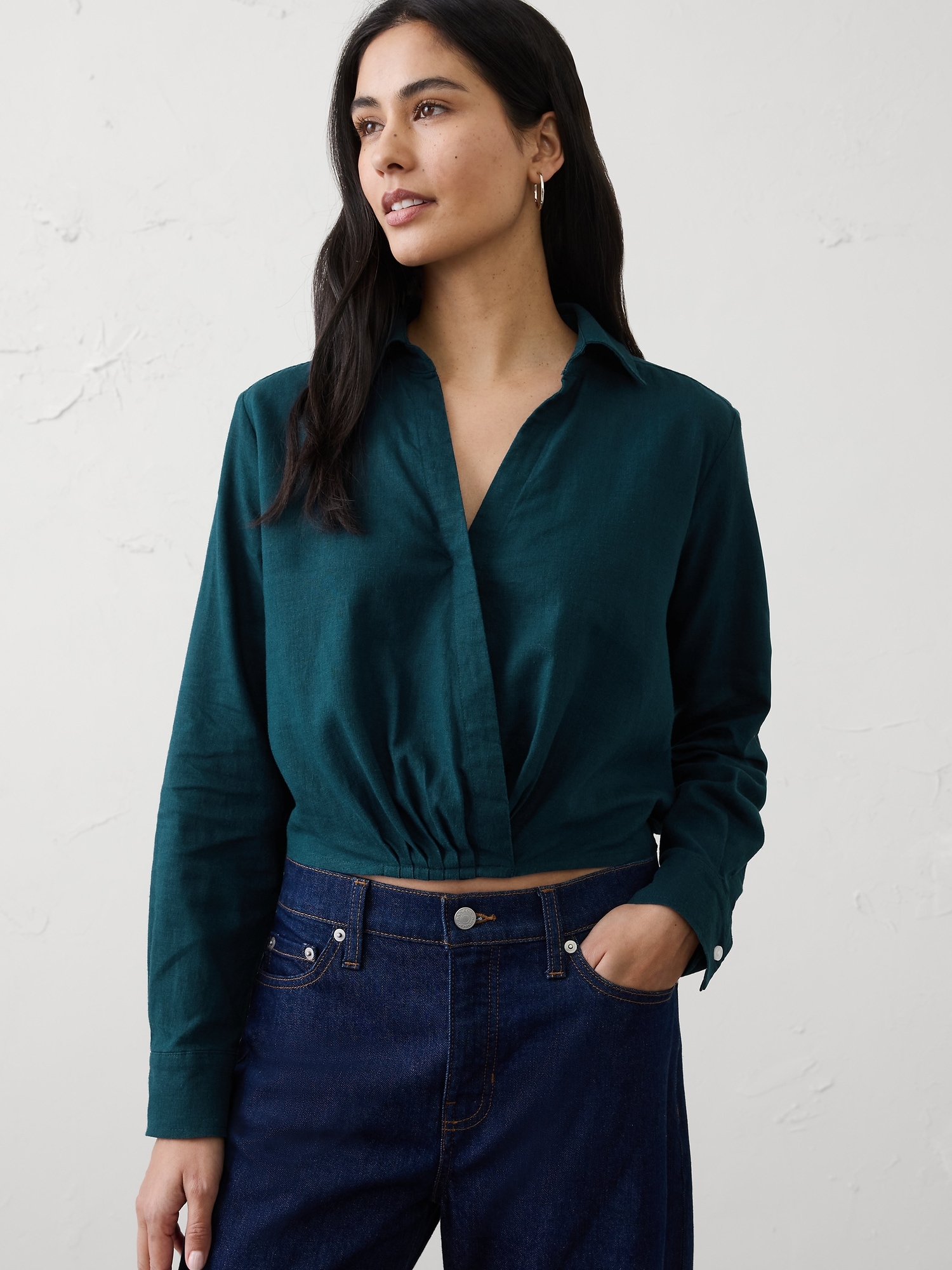 Linen-Blend Surplice Short Top