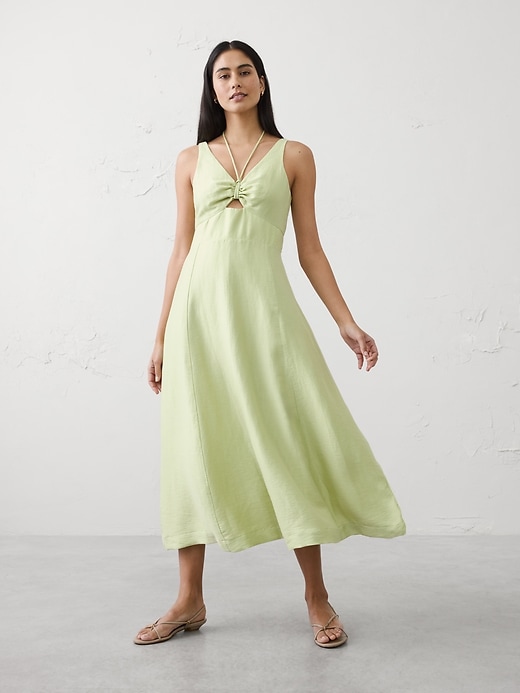 Linen-Blend Cutout Tie-Front Midi Dress