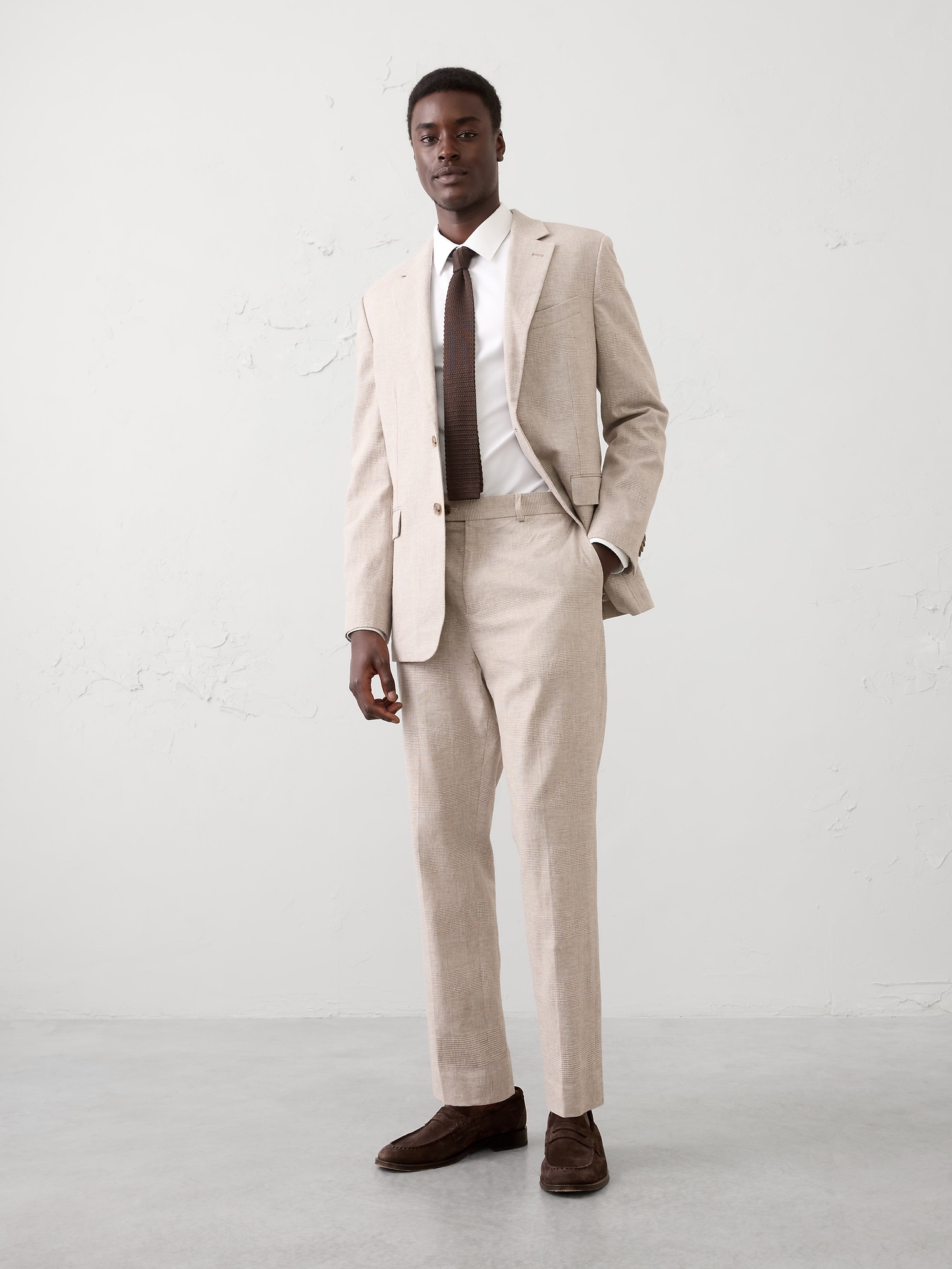 Tailored-Fit Linen-Blend Glen Plaid Suit Trouser