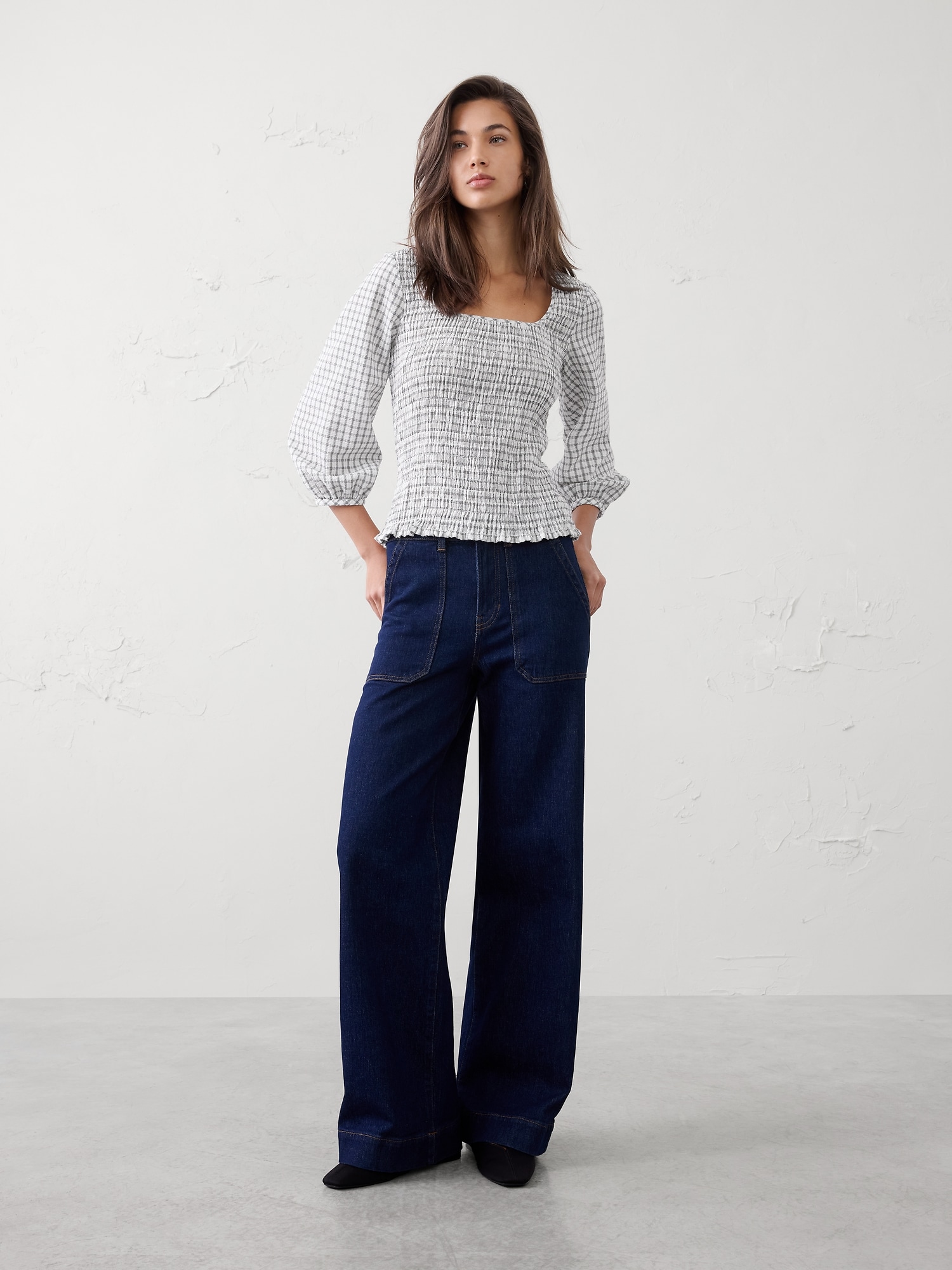 Seersucker Smocked-Bodice Top