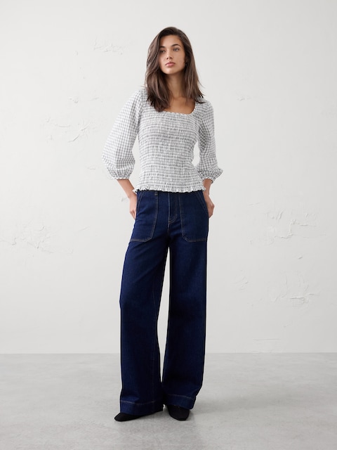 Seersucker Smocked-Bodice Top