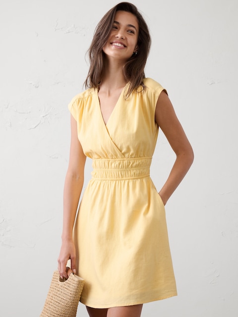 Linen-Blend Smocked-Waist Mini Dress