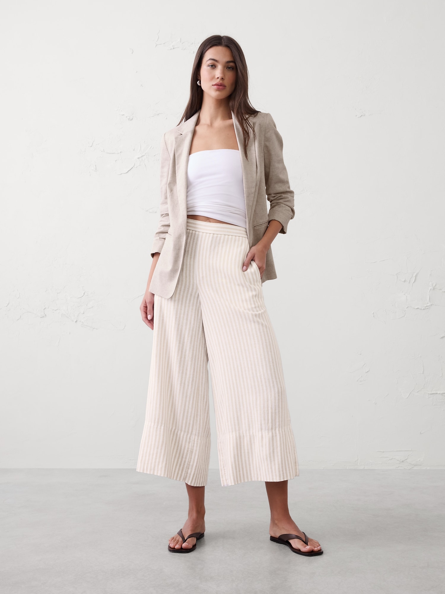 Wide-Leg High-Rise Linen-Blend Cropped Pull-On Pant