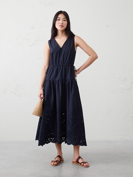 Poplin Eyelet-Hem Midi Dress