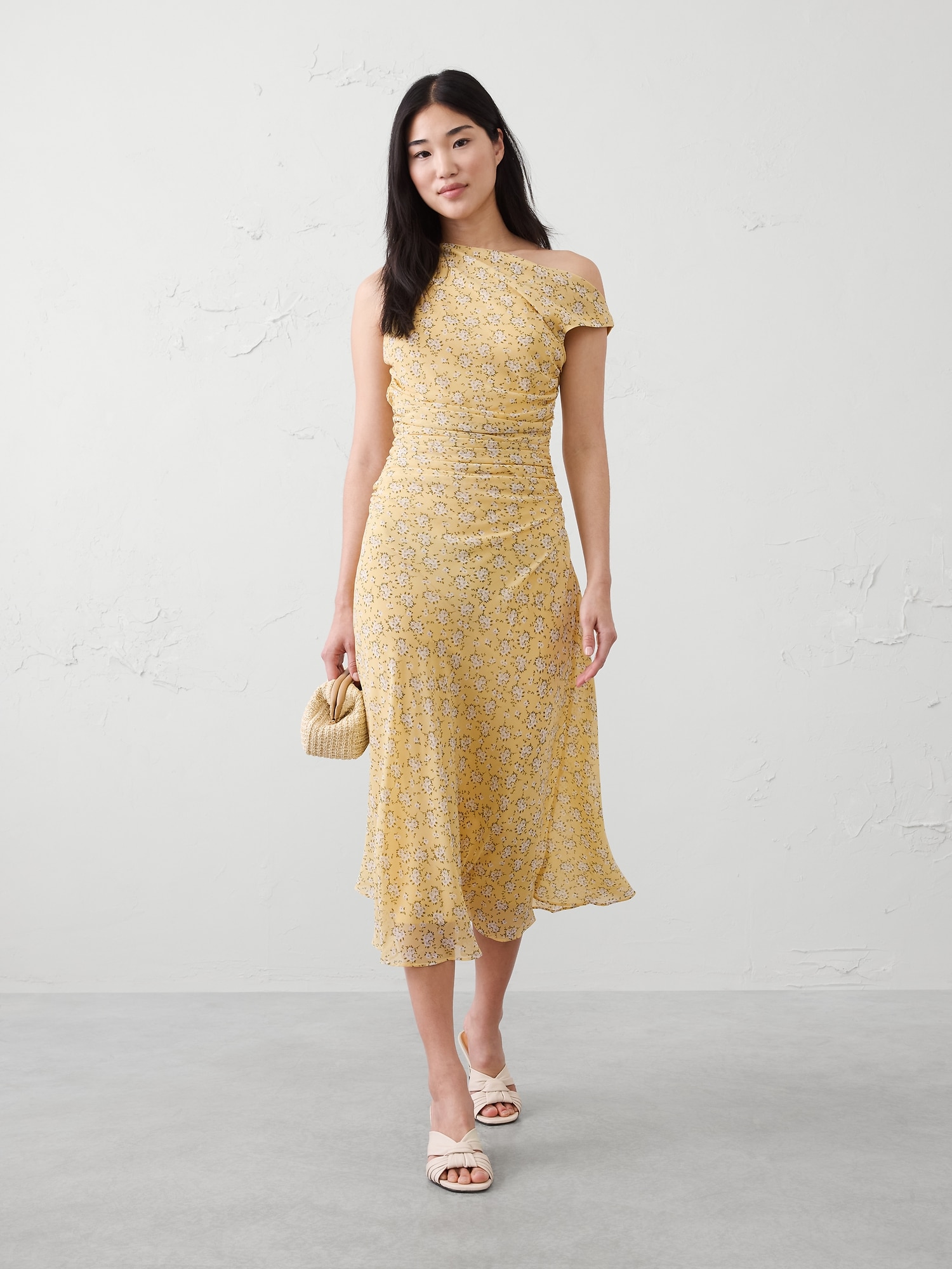Asymmetrical Side-Ruched Midi Dress