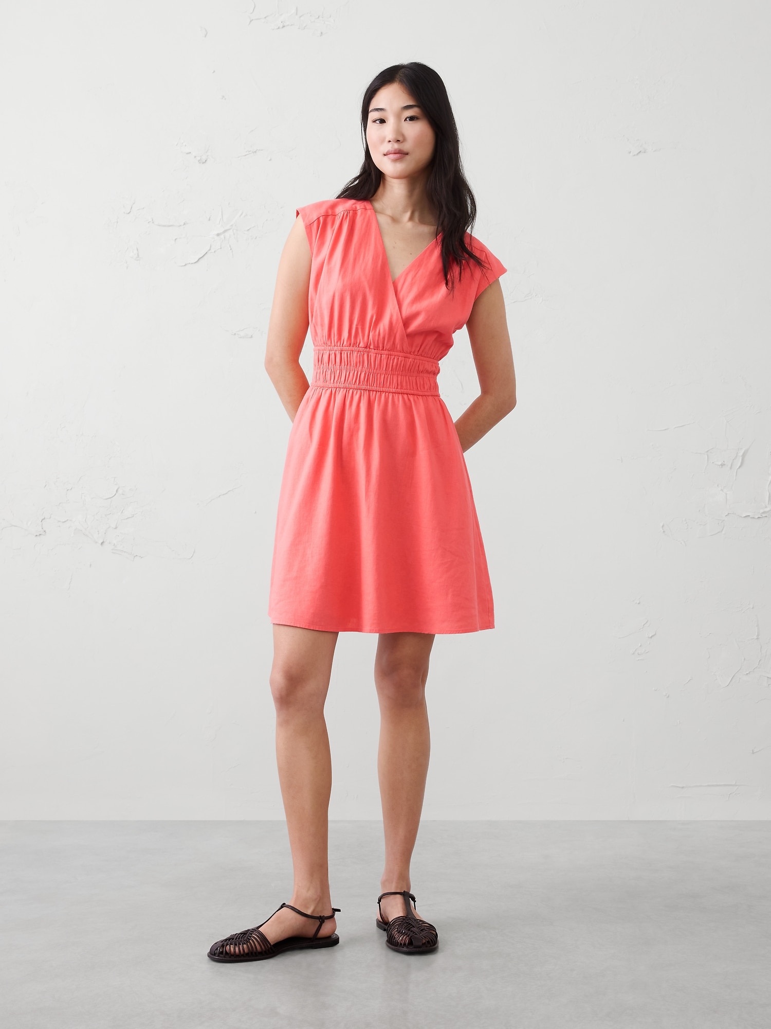 Linen-Blend Smocked-Waist Mini Dress