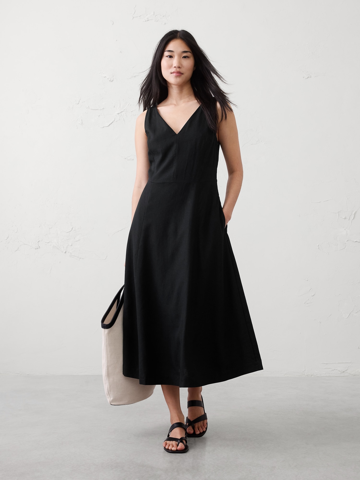Linen-Blend Drapey Midi Dress