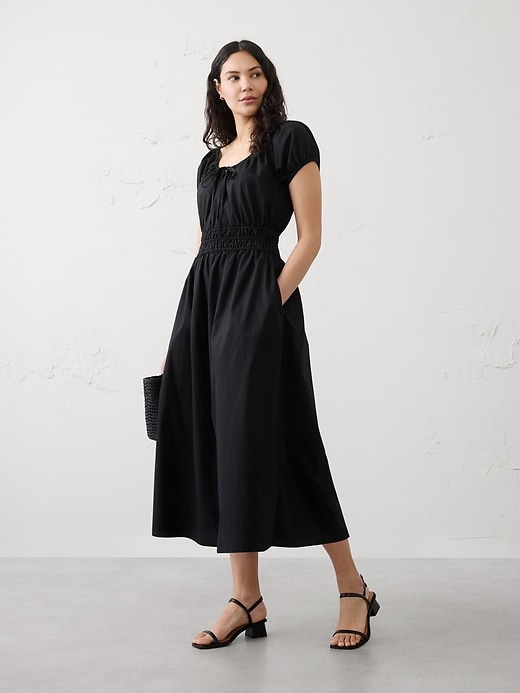 Poplin Gathered-Neck Midi Dress