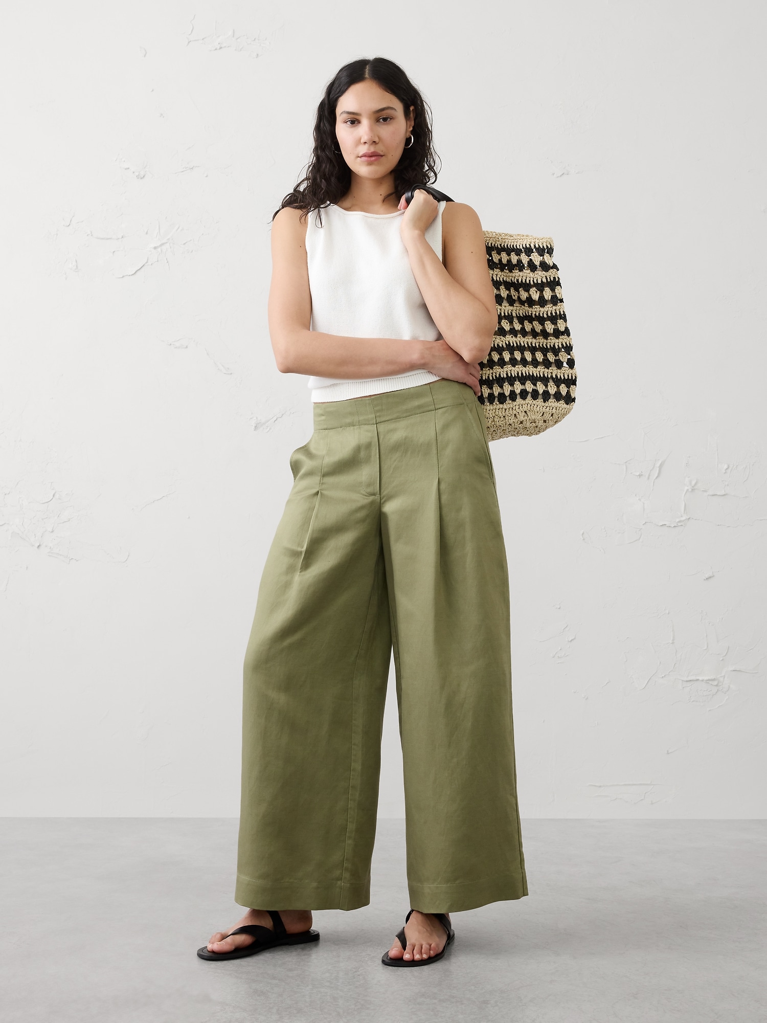 Image number 1 showing, Wide-Leg Mid-Rise Pleated Pull-On Pant