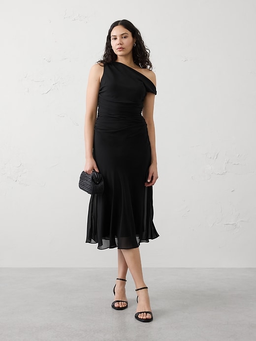 Asymmetrical Side-Ruched Midi Dress