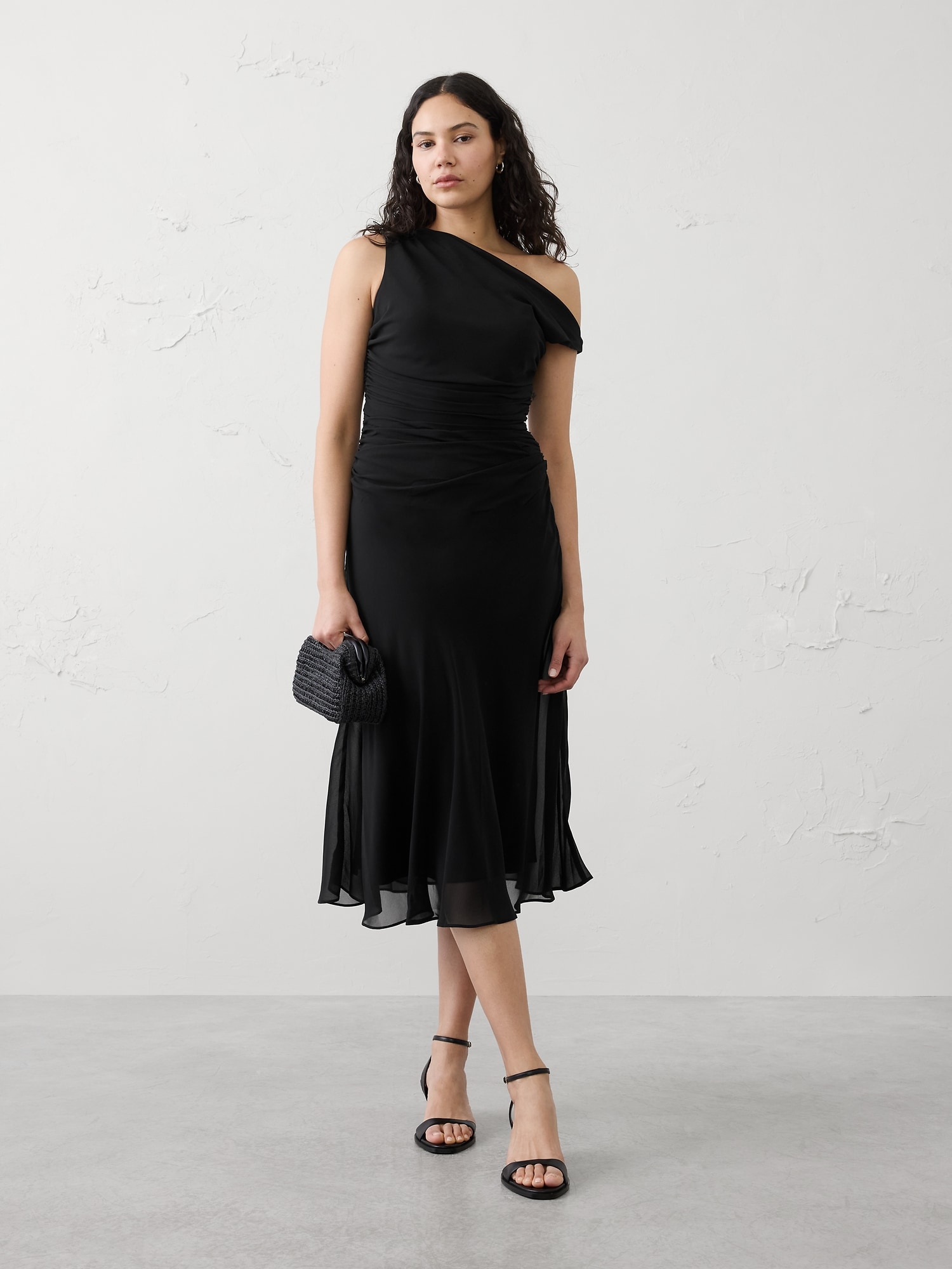 Asymmetrical Side-Ruched Midi Dress