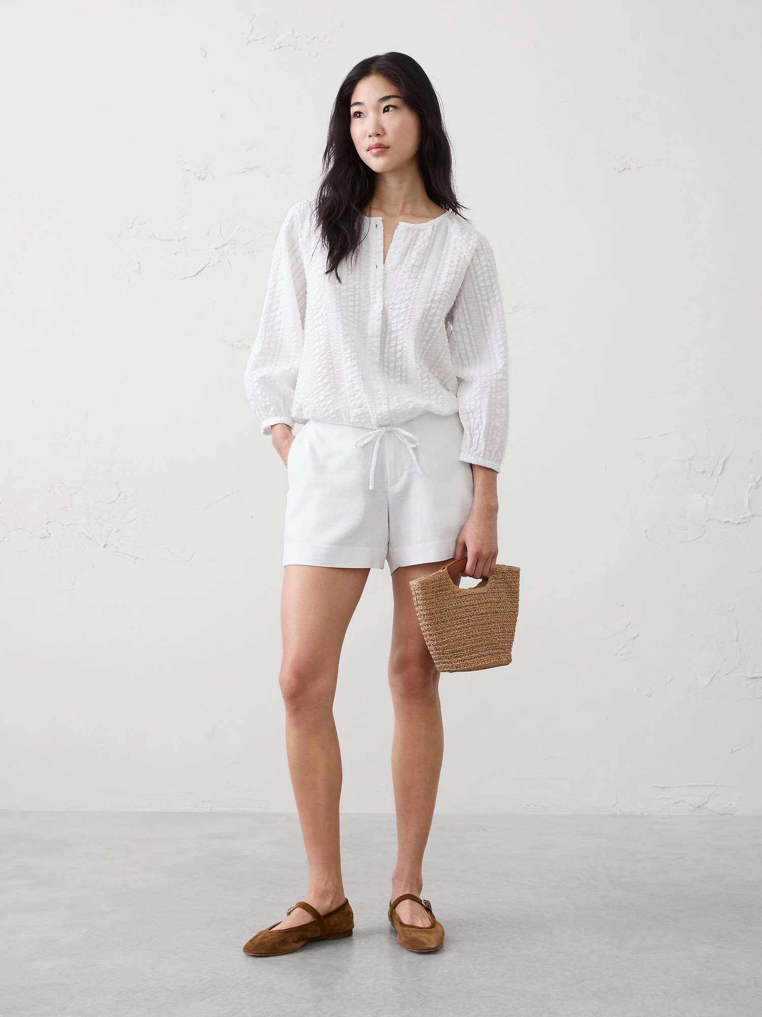 Image number 1 showing, Blouson-Sleeve Buttoned Cloud Check Top