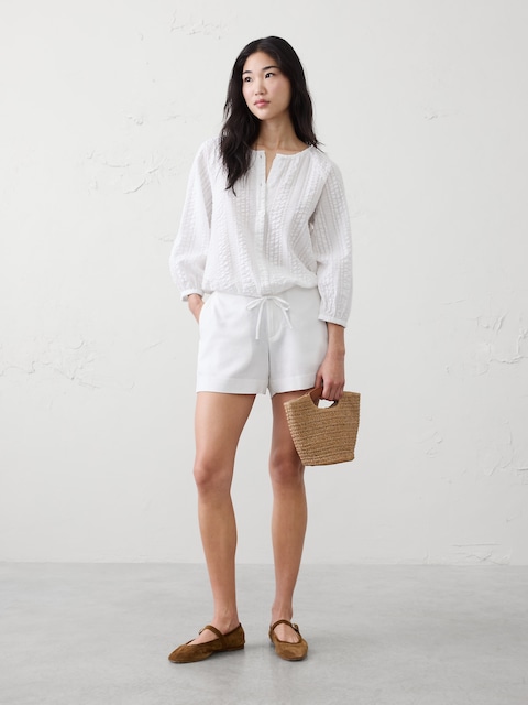 Blouson-Sleeve Buttoned Cloud Check Top