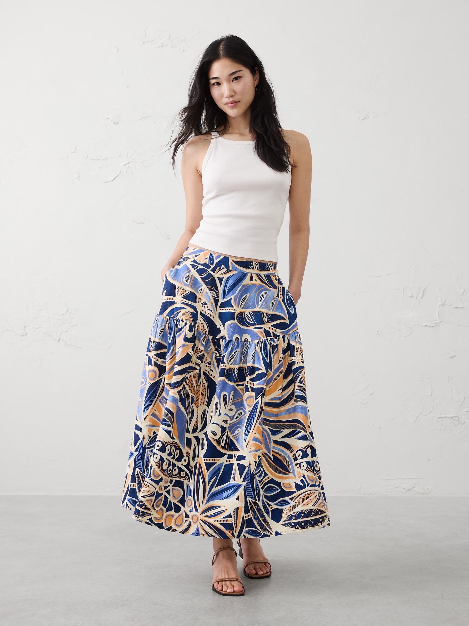 Image number 1 showing, Linen-Blend Tiered Midi Skirt