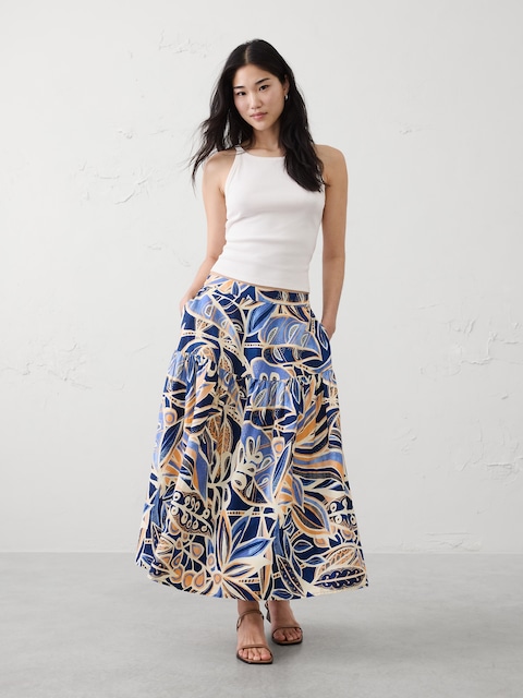 Linen-Blend Tiered Midi Skirt