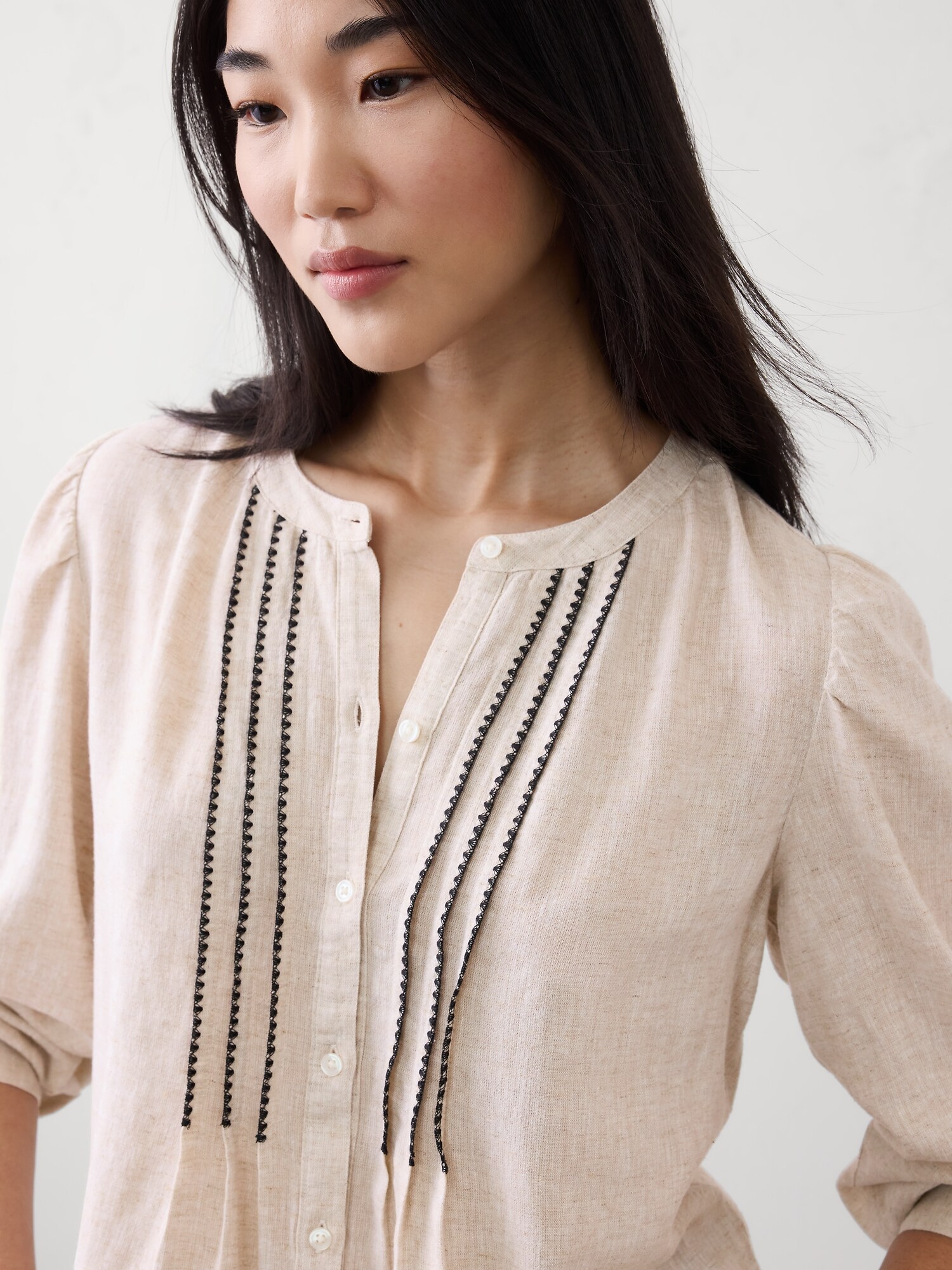 Image number 3 showing, Linen-Blend Drapey Embroidered Top