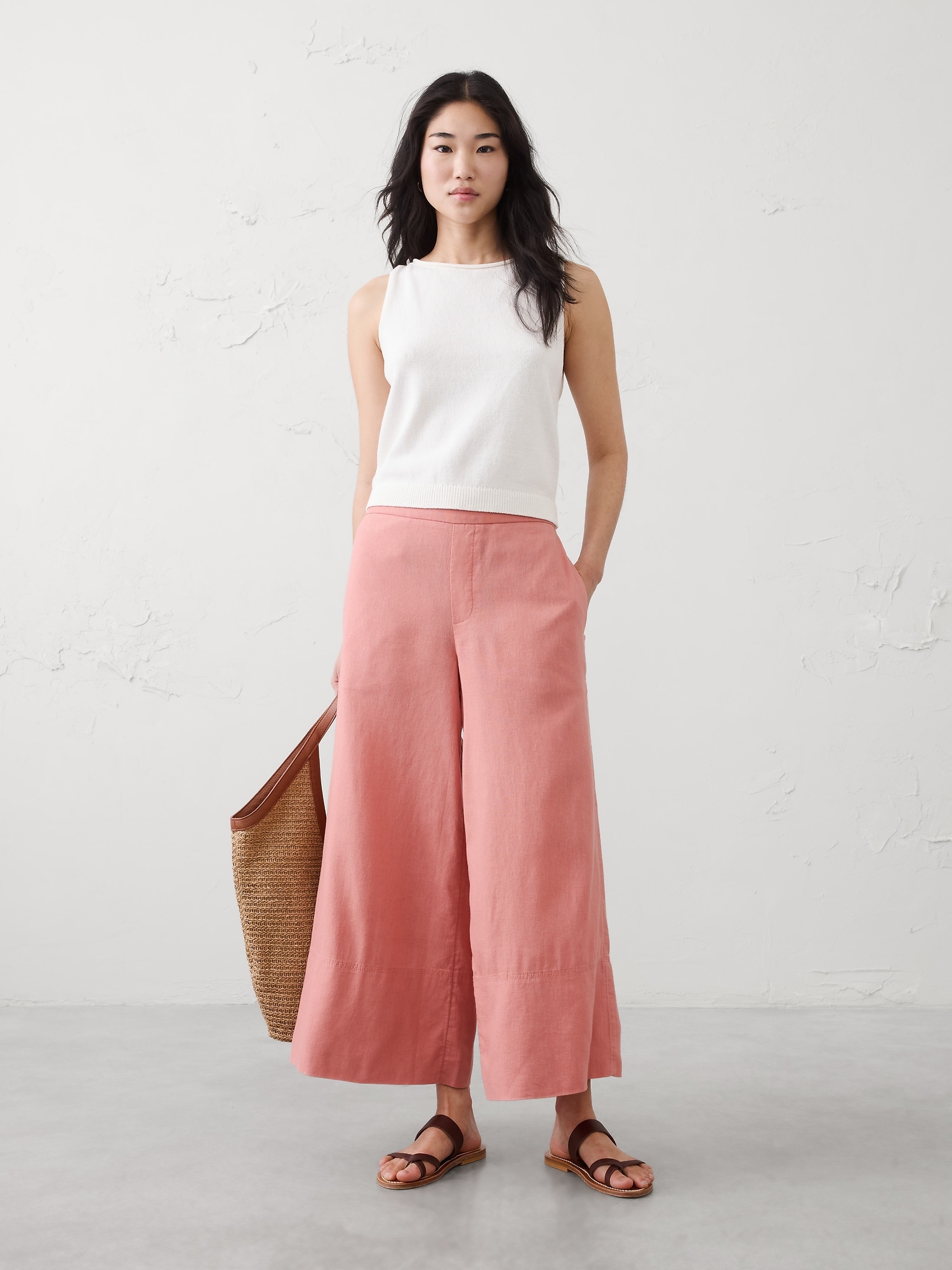 Image number 1 showing, Wide-Leg High-Rise Linen-Blend Pull-On Cropped Pant