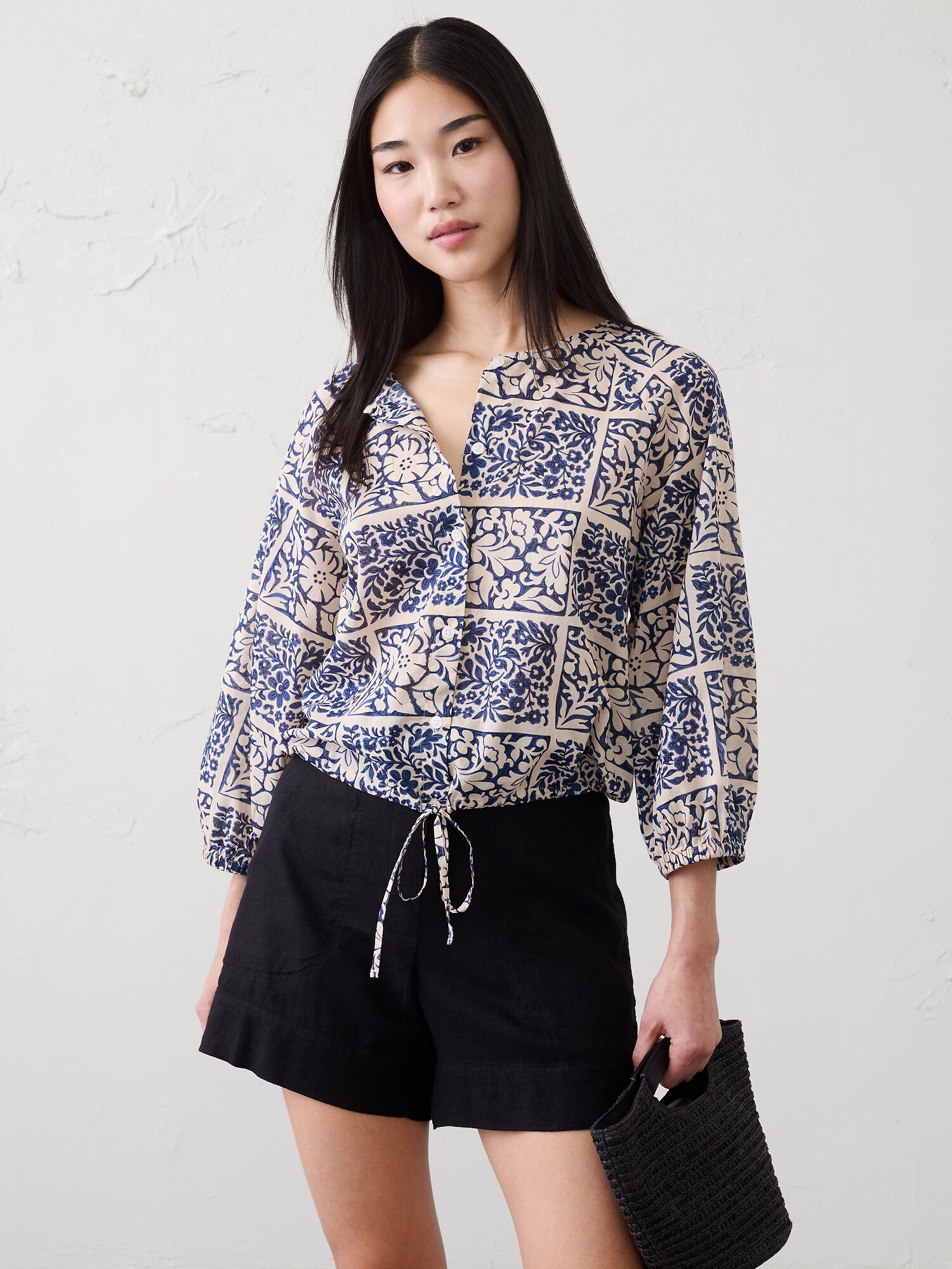 Image number 1 showing, Voile Blouson-Sleeve Drawstring-Hem Top