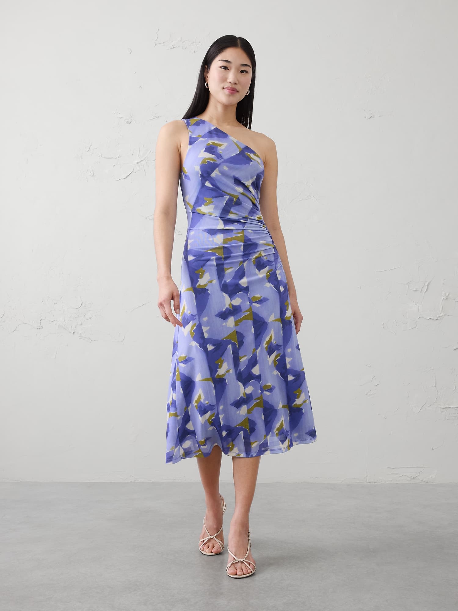 one shoulder dress banana republic Women's One-Shoulder Midi Dress Purple Print Regular Size XS