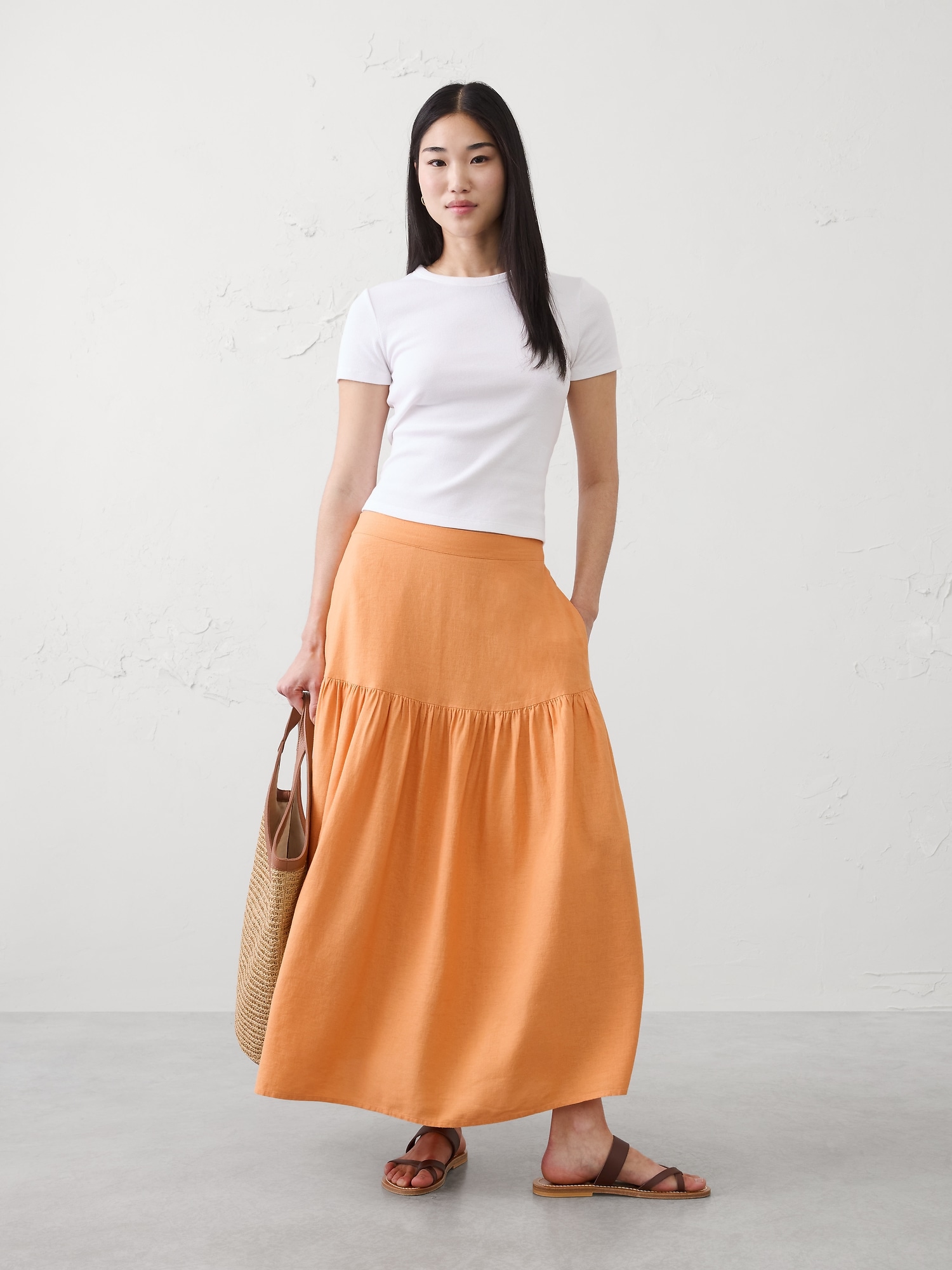 Image number 1 showing, Linen-Blend Tiered Midi Skirt