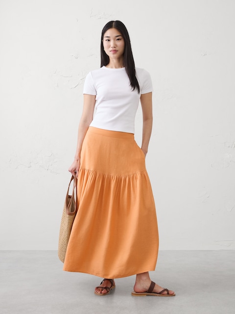 Linen-Blend Tiered Midi Skirt