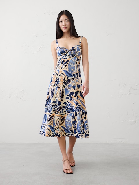 Linen-Blend Strappy Twist-Front Midi Dress