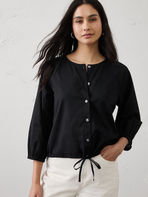 Voile Blouson-Sleeve Drawstring-Hem Top