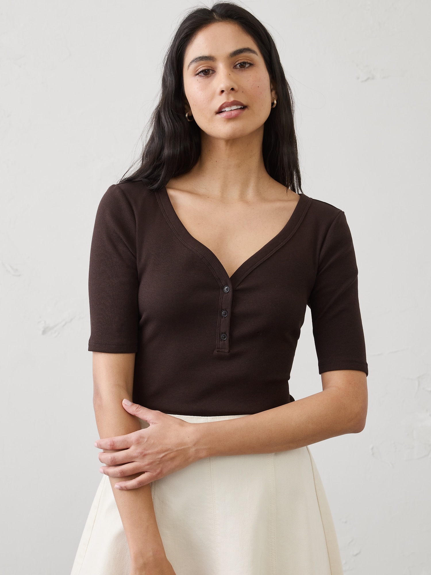 Image number 1 showing, Ribbed Elbow-Sleeve Henley T-Shirt