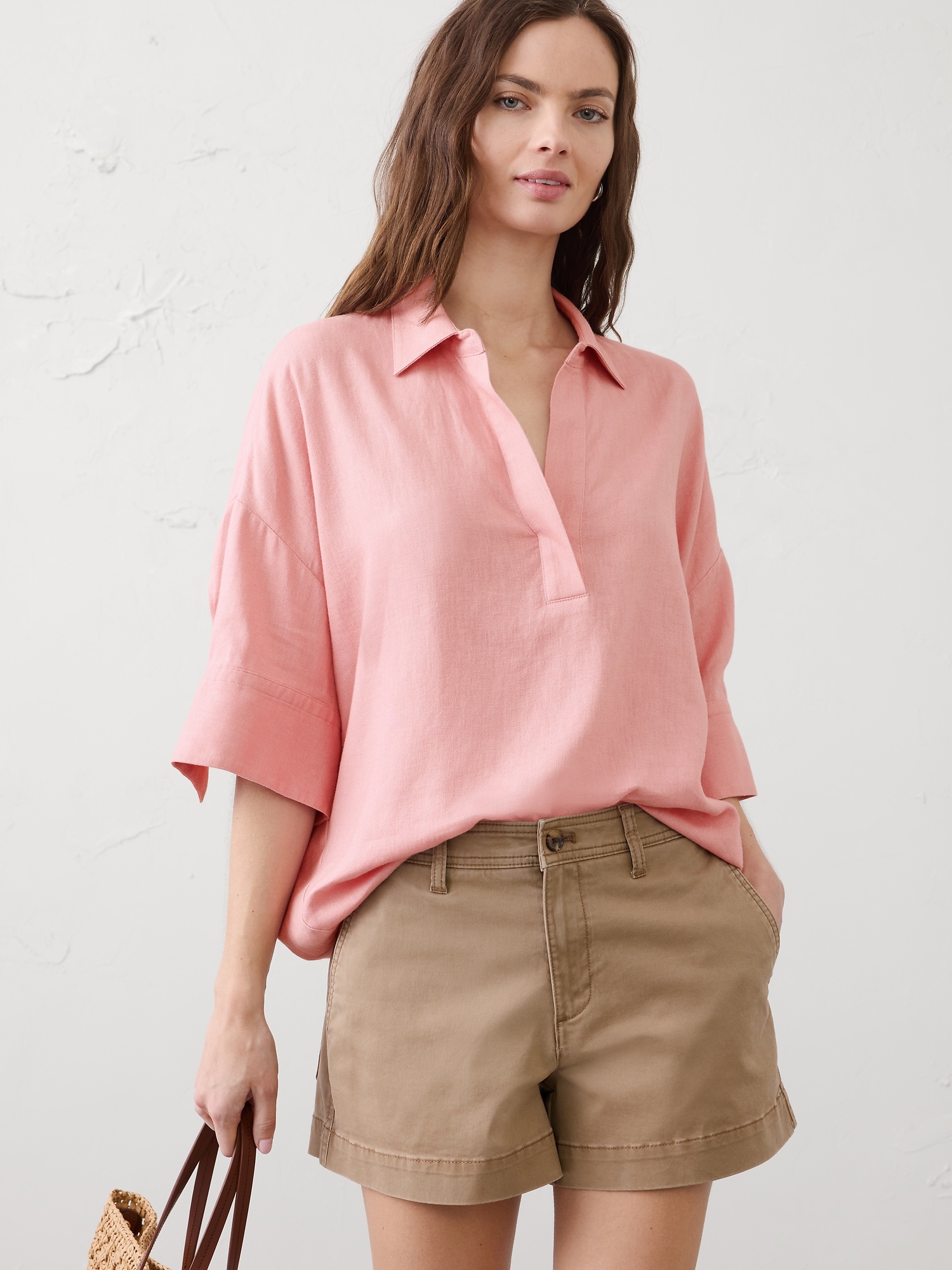 Image number 1 showing, Linen-Blend Drapey Popover Shirt