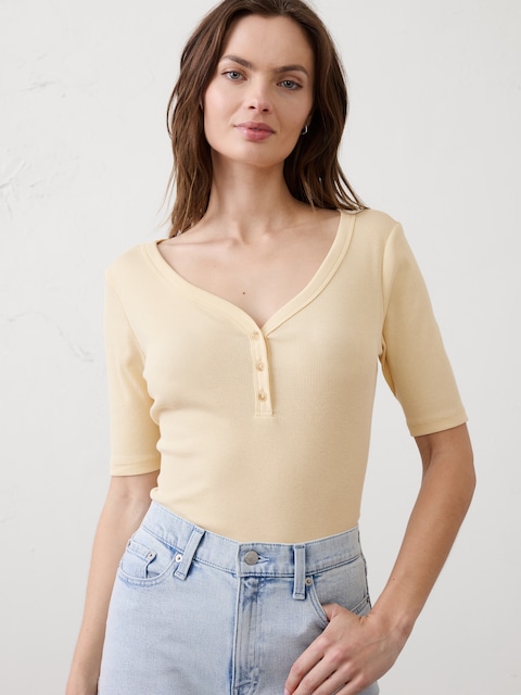 Ribbed Elbow-Sleeve Henley T-Shirt