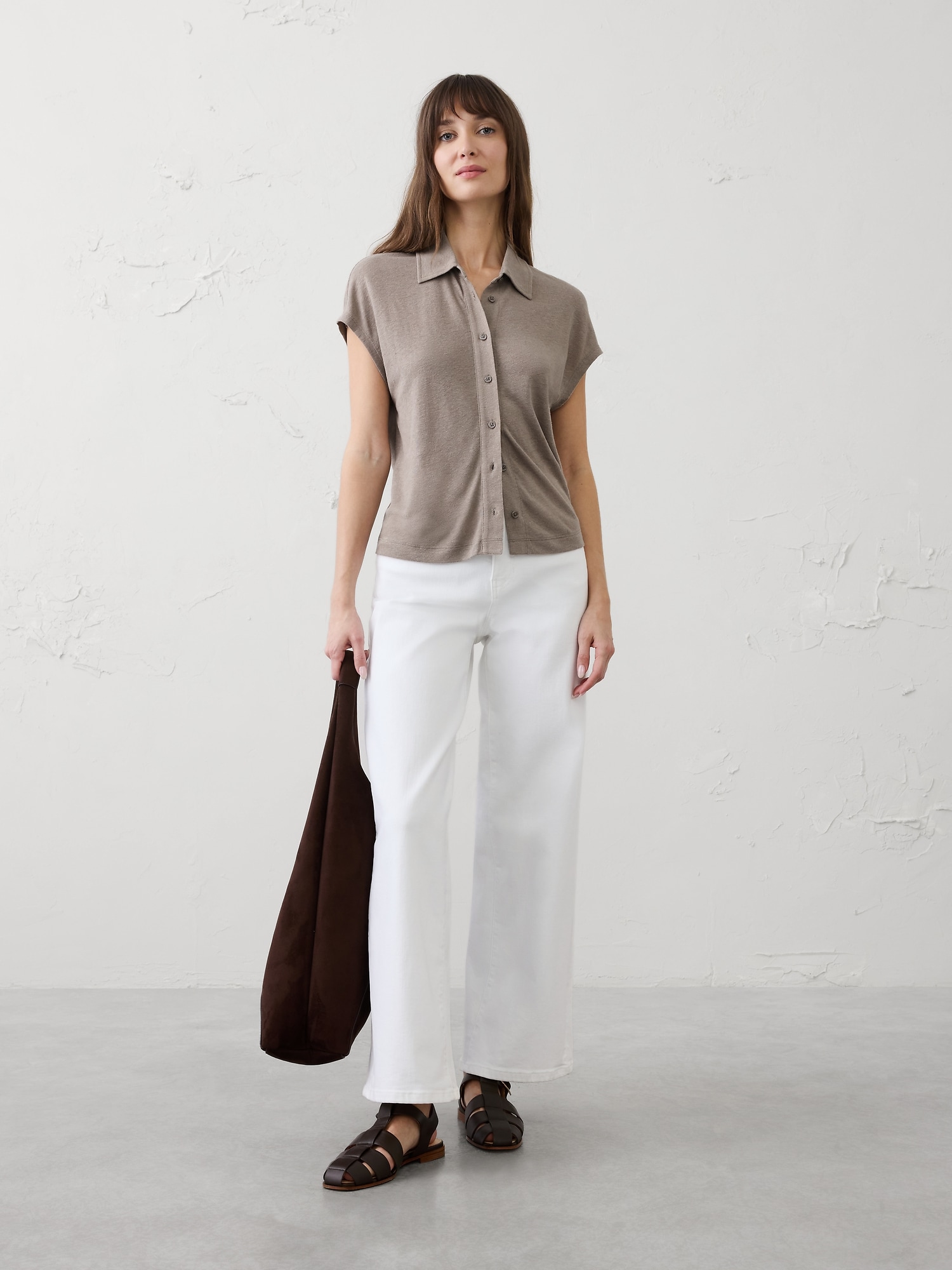 Image number 1 showing, Linen-Blend Collared Top