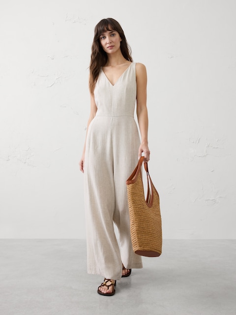 Linen-Blend V-Neck Jumpsuit