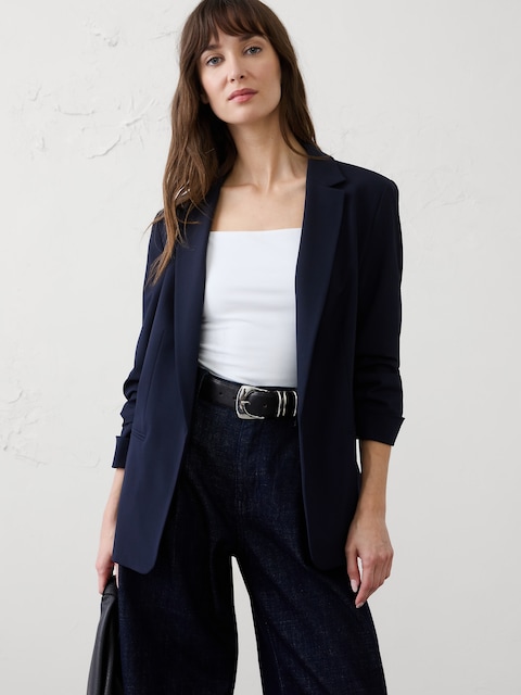 Sculpted Stretch Ruched-Sleeve Blazer